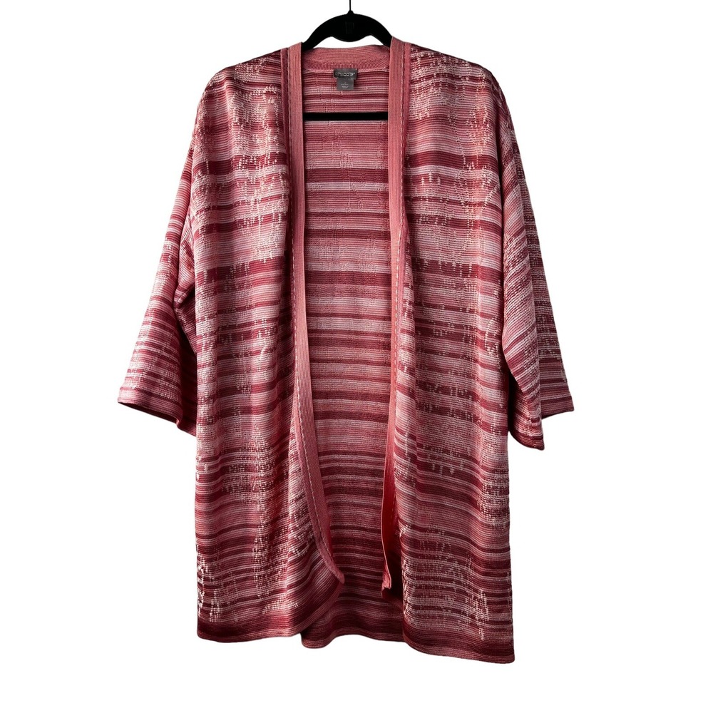 Chicos Womens Pink Burgundy Striped Open Front Cardigan Knit Sweater Size 2 L